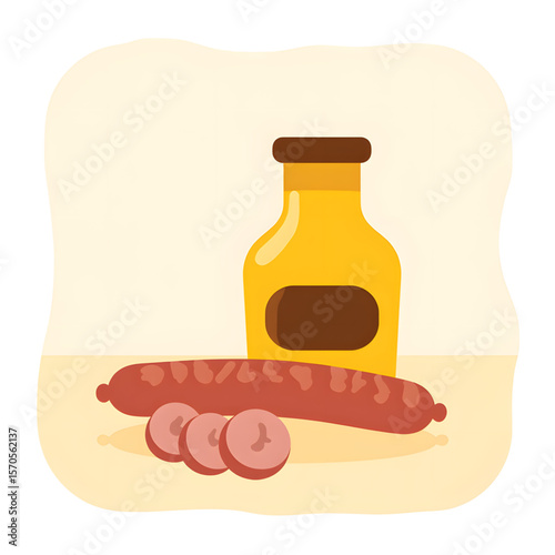 Sausage and mustard bottle in minimal style on light background  