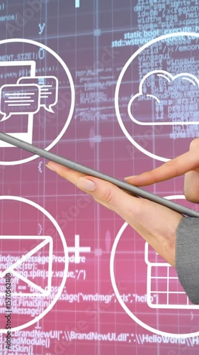 Digital composition of businessman using digital tablet against digital icons and data processing