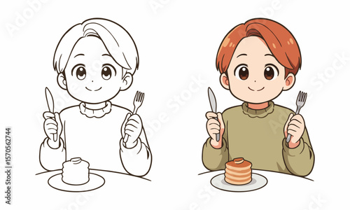 Woman eating pancakes coloring page for kids