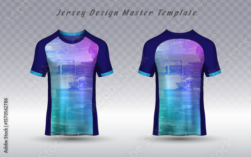 Front and back views of a jersey T-shirt mockup featuring a vibrant purple and blue abstract water or cityscape print, ideal for unique sportswear.