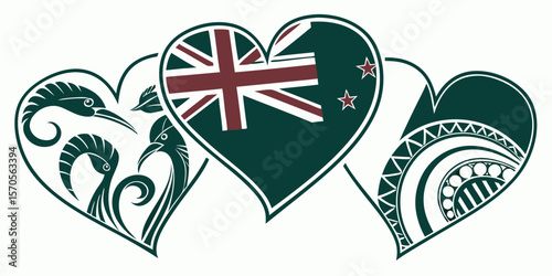 Set of green heart shapes with the New Zealand flag. Designed for use in travel or tourism branding. Simple graphic elements with background and clipping mask in white background vector illustration.
