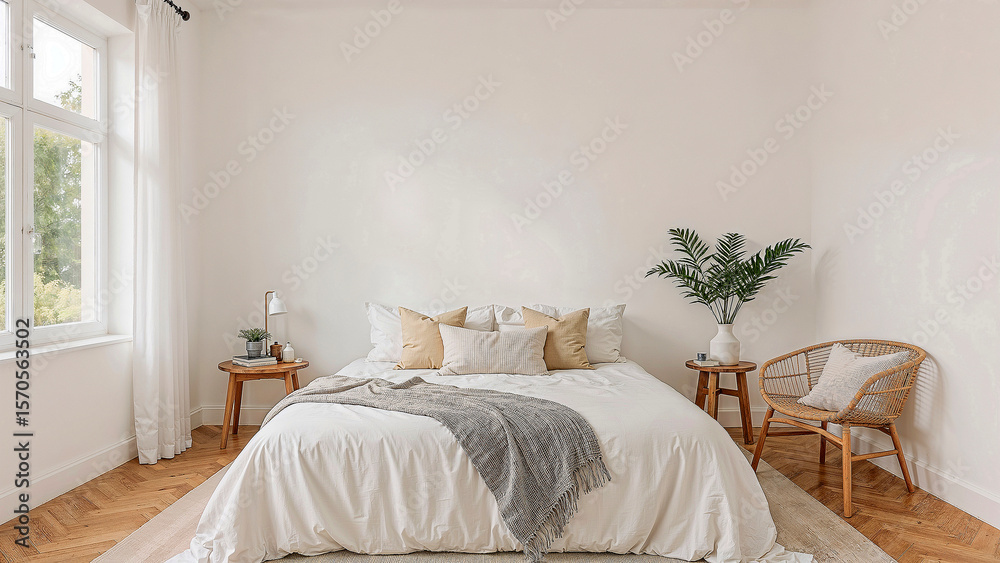 Fototapeta premium Tranquil bedroom embracing soft tones and natural light