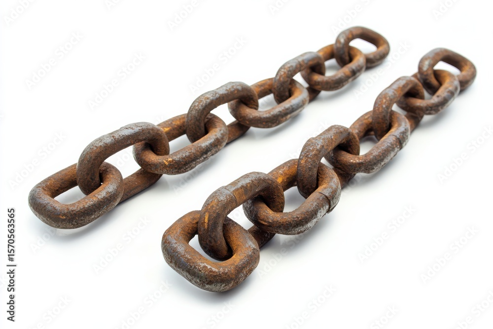 Fototapeta premium Chains of Time Rusty links tell tales of strength and weathered history on white in white background. Generative Ai