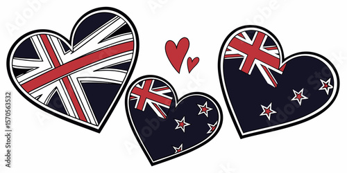 Set of heart shapes with the New Zealand flag. Designed for use in travel or tourism branding. Simple graphic elements with background and clipping mask in white background vector illustration.
