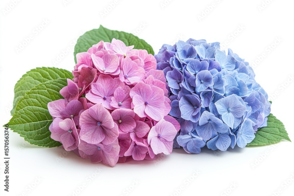 Obraz premium Two Hydrangea blooms pink and blue side by side against a white background with in white background. Generative Ai
