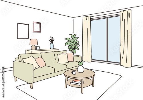 シンプルでおしゃれなリビングの線画イラスト