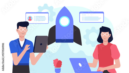 startup team testing beta product with early users startup flat vector illustration
