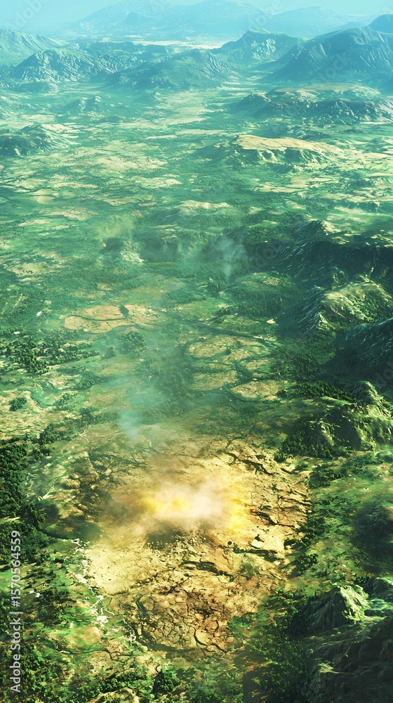 Fototapeta premium Expansive green landscape contrasted with a yellow impact site from above