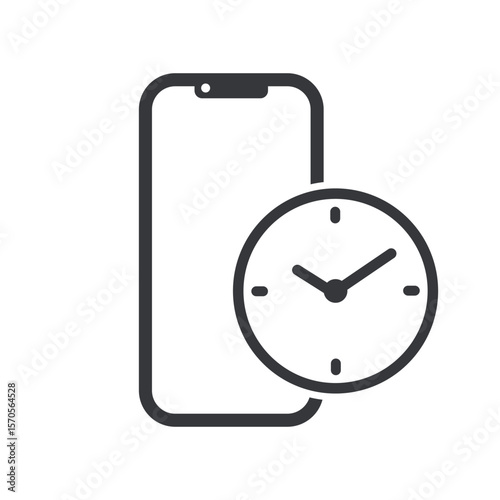 Isolated pictogram showing screen time on mobile phone with clock symbol, representing digital usage duration, phone habits, and technology time awareness.
