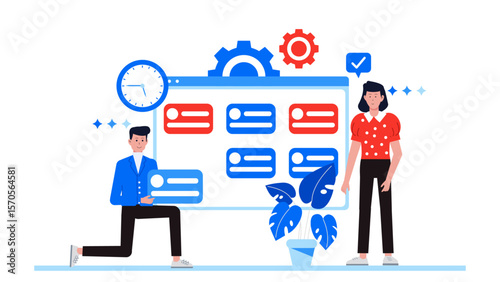 employees tracking work progress in app flat vector illustration