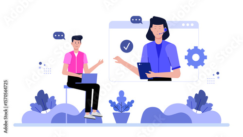 HR specialist conducting virtual employee review, flat vector illustration