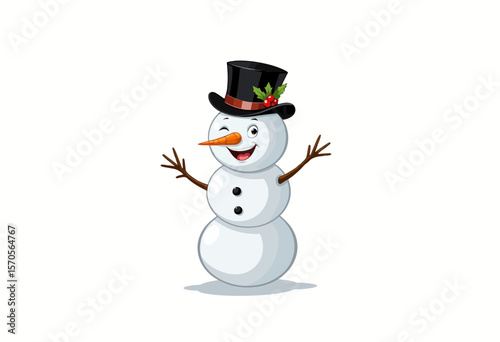 Cheerful snowman with top hat and carrot nose on white background  