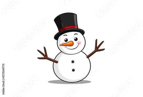Cartoon snowman wearing a top hat and smiling with outstretched arms  