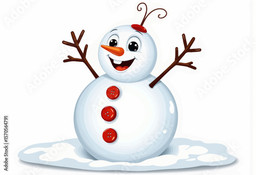 Happy cartoon snowman with arms raised standing on snow  