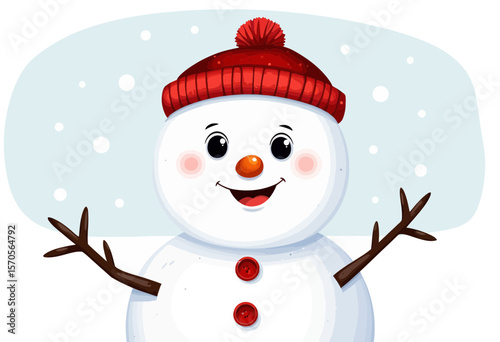 Cheerful snowman with red hat smiling in winter snowfall background  