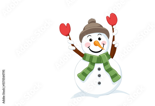 Cartoon snowman holding hearts and wearing a green scarf in winter  