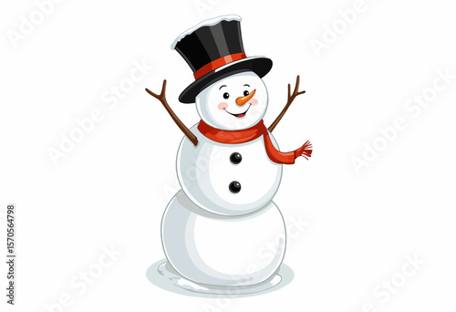 Cheerful snowman with top hat and scarf waving happily  