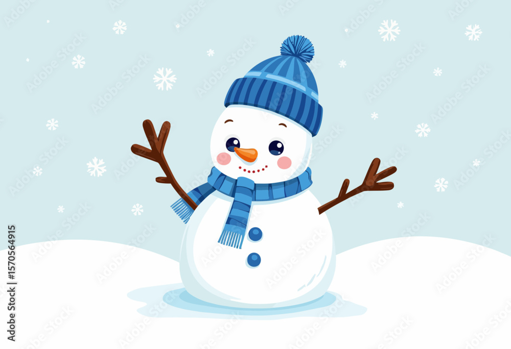 Fototapeta premium Cartoon snowman smiling with scarf and hat in snowy winter landscape 