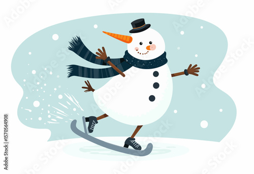 Cheerful snowman ice skating on frozen pond with snowflakes falling  