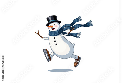 Cheerful snowman ice skating in winter with scarf and top hat  