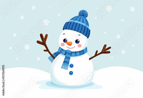 Cartoon snowman smiling with scarf and hat in snowy winter landscape  