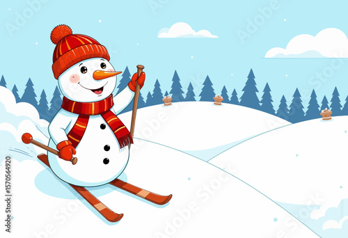 Snowman skiing on snowy hill with pine trees in winter scene  