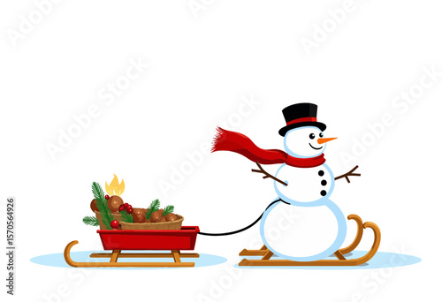 Snowman pulling sled with gifts and decorations in winter scene  