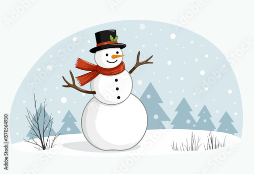 Cheerful snowman wearing a hat and scarf in winter landscape  