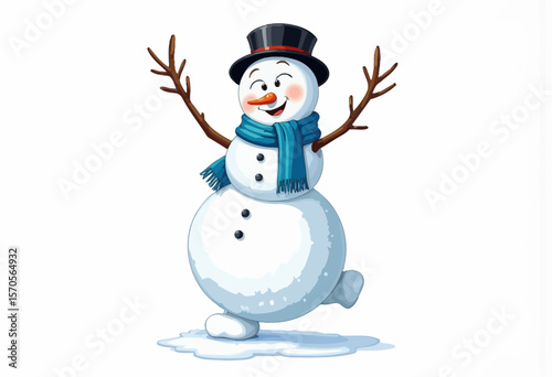 Cheerful snowman wearing a top hat and scarf in winter landscape  