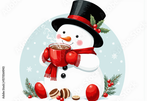 Snowman enjoying hot cocoa in winter with holiday decorations  