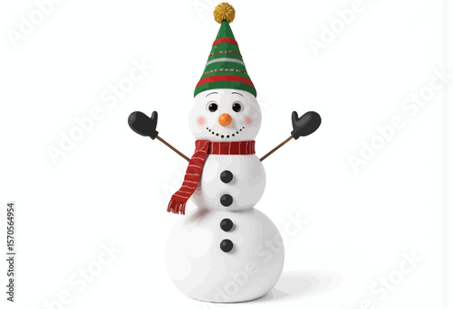 Snowman wearing a festive hat and scarf with a cheerful expression  