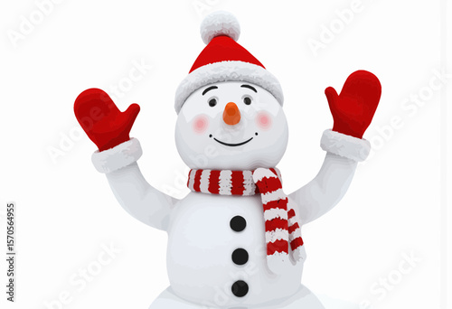 Snowman waving with red mittens and hat on white background  