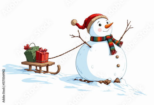Snowman pulling sled with Christmas gifts on snowy landscape  