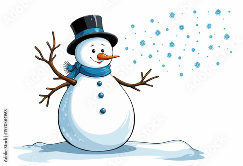 Cartoon snowman smiling with snowflakes falling in winter scene  