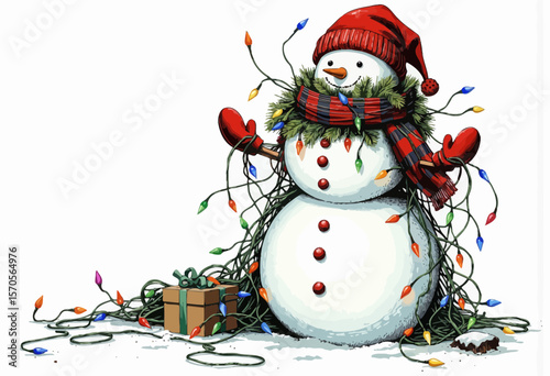 Cheerful snowman covered in Christmas lights with presents nearby  