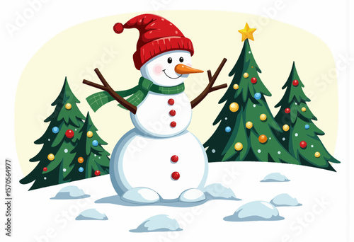 Smiling snowman wearing a red hat and scarf among Christmas trees  