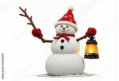 Snowman holding lantern and wearing red hat with mittens in winter  