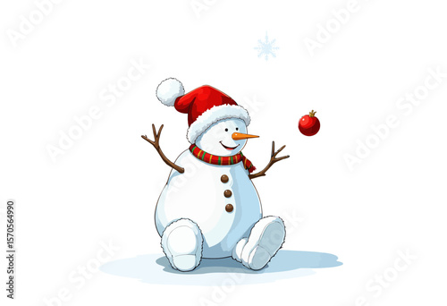 Cheerful snowman juggling a red ornament in winter scenery  
