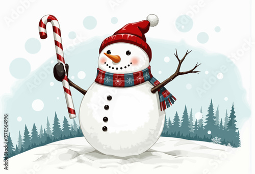 Happy snowman holding candy cane in snowy winter landscape  