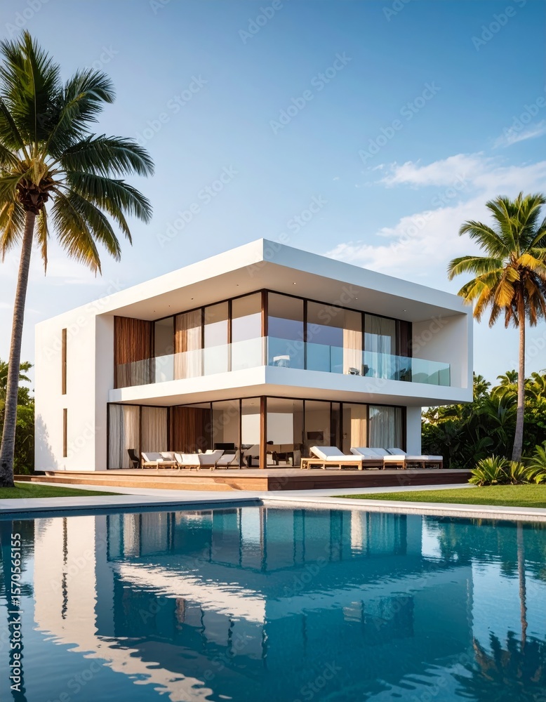 Fototapeta premium minimalist vacation home with pool palm trees. Minimalist concept of summer holiday, tropical escape