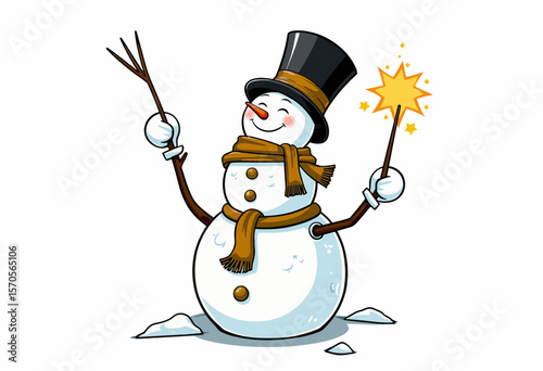 Cheerful snowman holding sparkler and branches in winter scene  