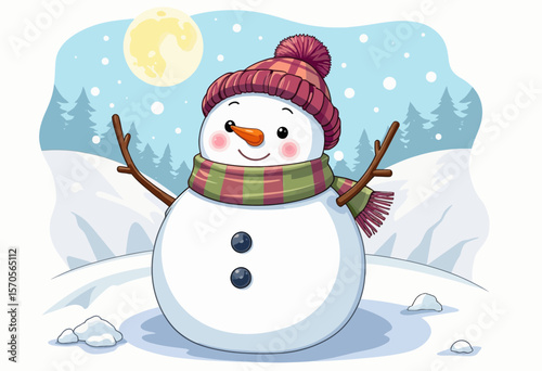 Animated snowman smiling in winter landscape under full moon  