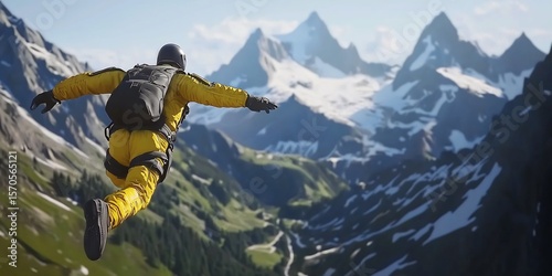 Skydiver in vivid yellow suit soaring over majestic alpine landscape in freefall