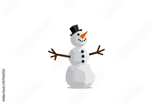 Cartoon snowman with top hat and carrot nose on white background  