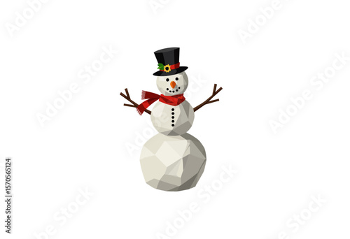 Polygonal snowman wearing a top hat and scarf in winter setting  