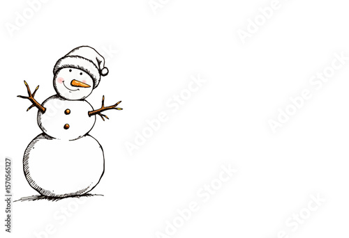 Cartoon snowman with hat and smile on white background  