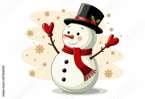 Cheerful snowman with red scarf and gloves in winter scene  