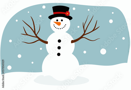 Snowman with hat and branches smiling in a winter snowy landscape  