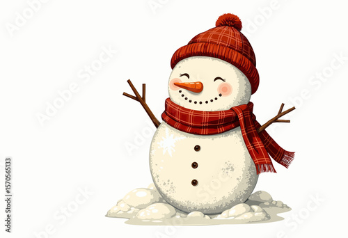 Cheerful snowman wearing a red hat and scarf standing in snow  