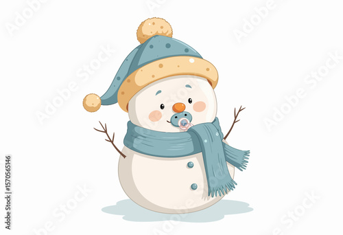 Cute snowman wearing hat and scarf with pacifier in winter scene  